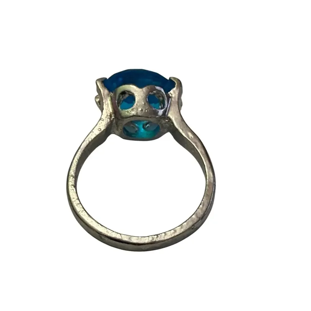 Blue Unique Solitaire Stone Silver Ring Size 9